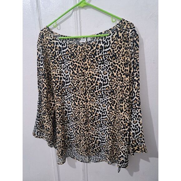 Gap Xl Womens Top Flowy Breezy Boat Neck Wide Sleeve Blouse Leopard Black Tan - Picture 4 of 8